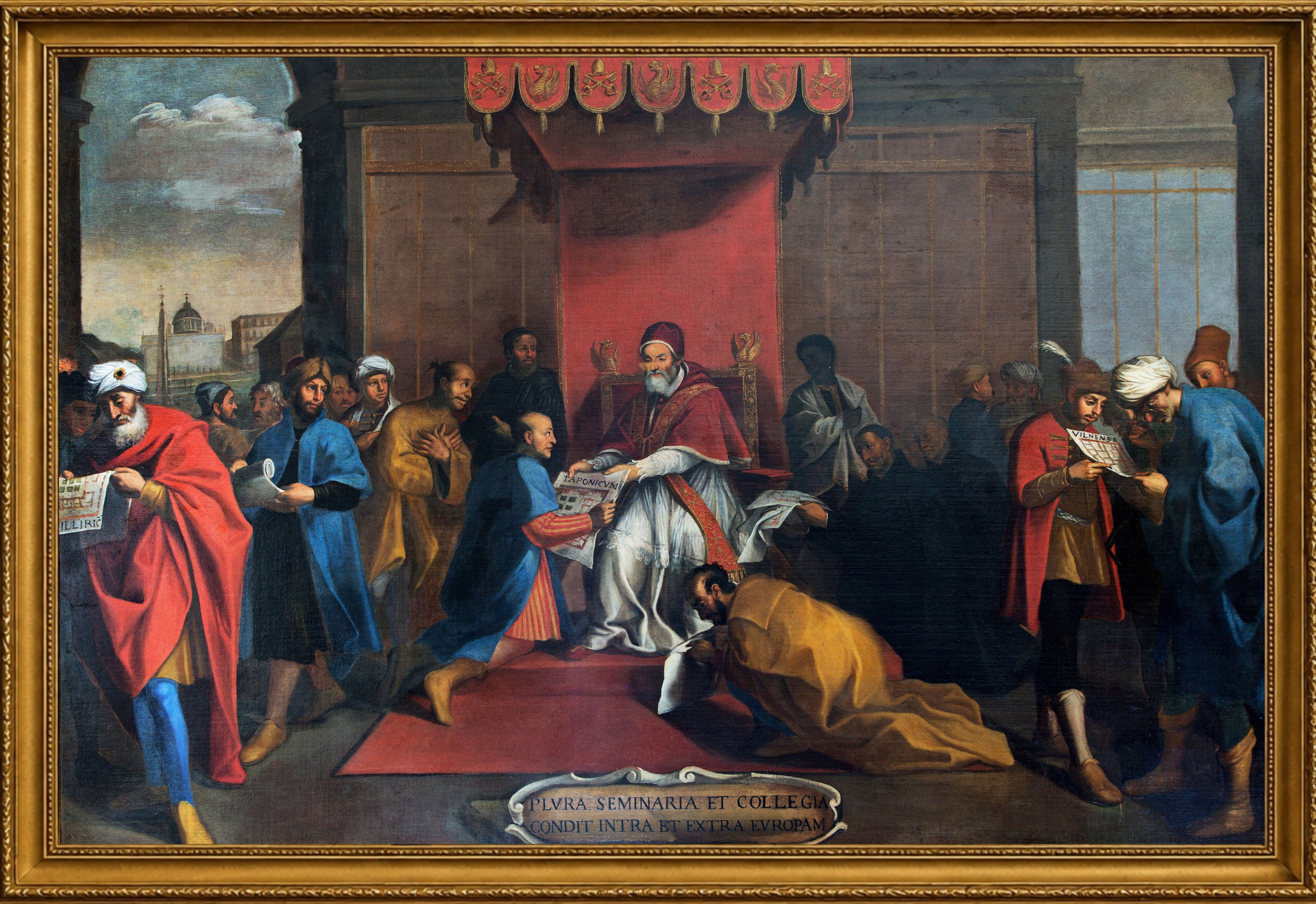Pintura de autor anónimo: la embajada Tenshō ante el papa Gregorio XIII, Roma, 1585, en un marco dorado.