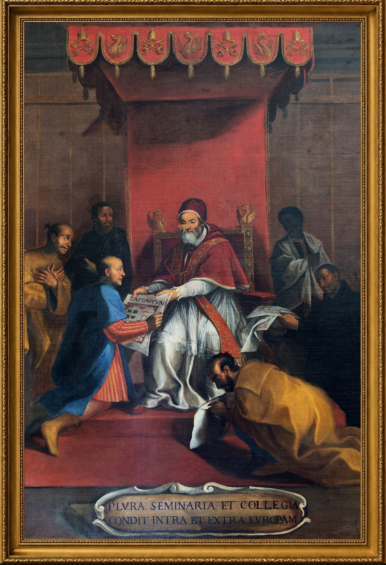 Pintura de autor anónimo: la embajada Tenshō ante el papa Gregorio XIII, Roma, 1585, en un marco dorado.
