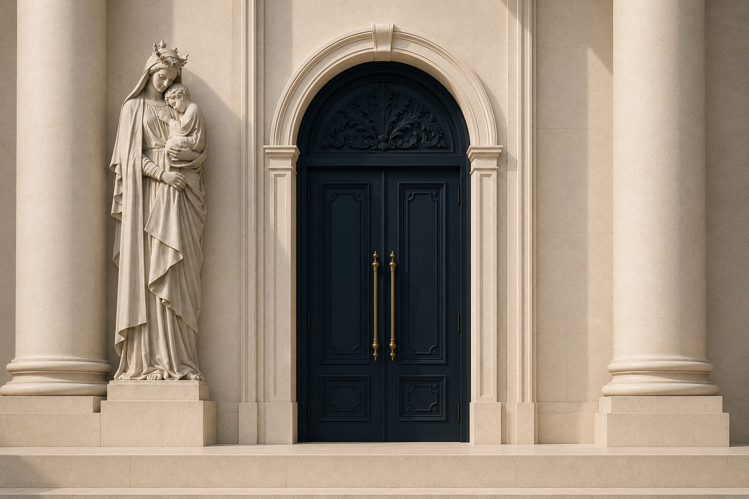 Fachada de piedra caliza: una escultura de Nuestra Señora con el Niño junto a una puerta azul profundo con relieve tallado, flanqueada por columnas.