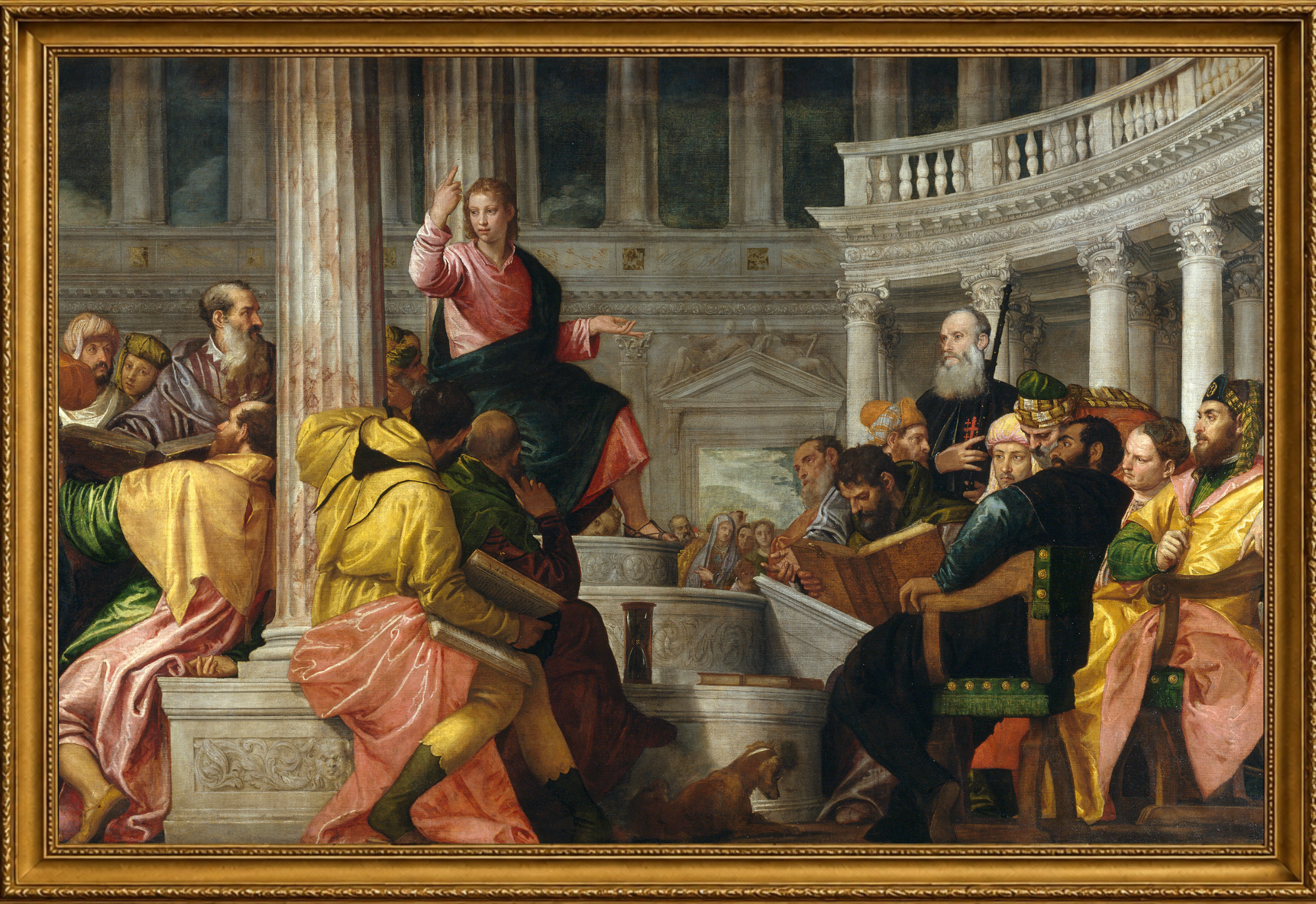 Pintura de Paolo Veronese: Jesús entre los doctores, en un marco dorado.