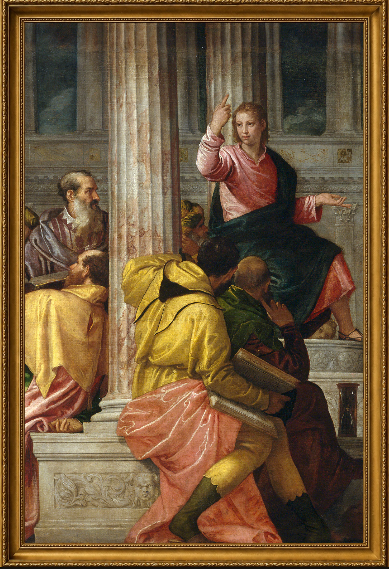 Pintura de Paolo Veronese: Jesús entre los doctores, en un marco dorado.
